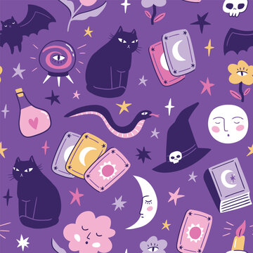 Vector Halloween seamless pattern. Set of magic elements in hand-drawn style. Black cat and mystical objects repeat background. Cute magic print for fabric or wallpaper design.