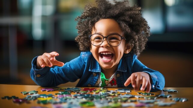 Joyful child reaching for colorful puzzle pieces, full of happiness.