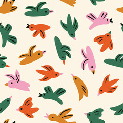 Cute vector bird naive seamless pattern. Funny fabric or wallpaper design. Childish abstract birds seamless print - 715423303