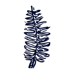 Handmade blockprint fern leaf vector motif clipart in folkart scandi style. Simple monochrome linocut plant shapes with naive rural lineart.