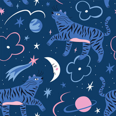 Stylish boho animal pattern design in hand-drawn style. Mystical tiger kids print design. Cute animals and starsom dark blue background. - 715423343