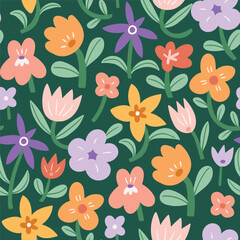 Vector decorative flowers seamless pattern design for fabric, wallpaper or wrapping paper. Cute flowers on dark green background. Floral repeated print.