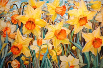  a painting of yellow daffodils in a field of green grass with a blue sky in the background.