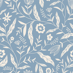 Blue chintz floral pattern. Vector hand-drawn monochrome botanical seamless design. Flowers motif for decoration chintz fabric. Oriental folk design for wallpaper, textile, blanket, clothing.