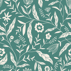 Chintz floral pattern. Vector hand-drawn monochrome botanical seamless design. Flowers motif for decoration chintz fabric. Oriental folk design for wallpaper, textile, blanket, clothing. - 715423387