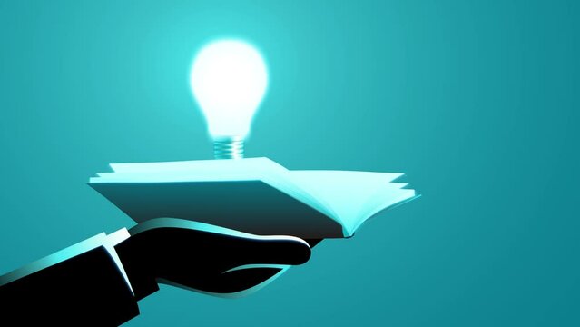 Mans hand holding an open book, from which a radiant light bulb emerges, symbolizes the transformative power of knowledge and innovation, educational content, and seeking brilliance of ideas