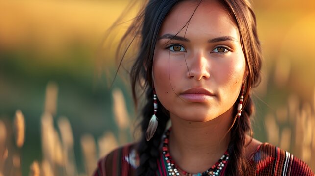 Portrait of a Native American Sioux Indian woman against nature background, background image, generative AI