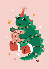 Cute new year dragon illustration. Funny character anf symbol of Chinese new year 2024. Green dragon card design