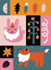 vector christmas illustration. Cute new year greeting card with bunny and fox. Funny kids christmas design. 
