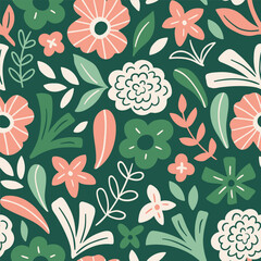 Vector stylized floral seamless pattern. Flower design in hand-drawn style. Abstract flora design for fabric, wallpaper or wrapping paper.  - 715423526