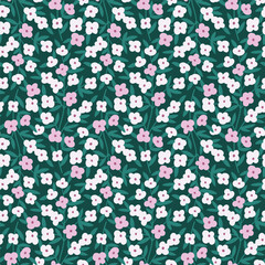 Vector floral seamless pattern design. Stylized simple flowers on green background. Vector natural seamless texture. Botanical ditsy illustrated print in hand-drawn style.