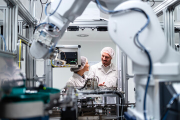 Mechatronics engineers controlling automated guided system and robotic arm manufacturing equipment inside factory.