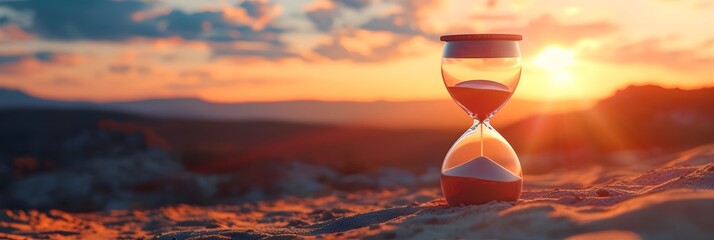 Portrait of an old hourglass against sunset background, background image, generative AI - obrazy, fototapety, plakaty