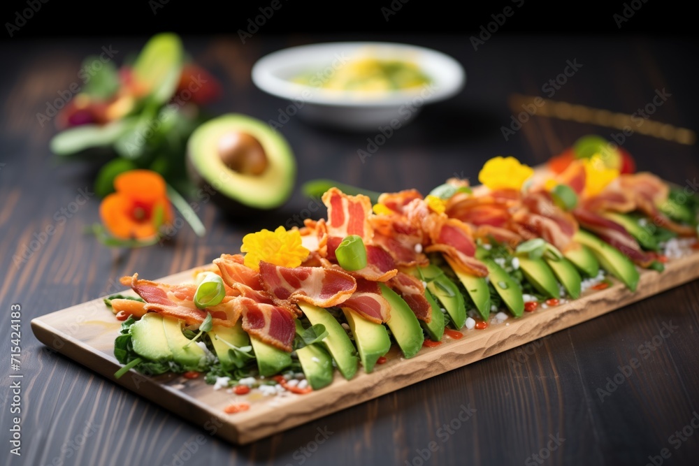 Sticker spinach bacon salad with avocado slices arranged on a slate board