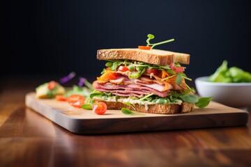 sourdough sandwich filled with fresh vegetables and meats