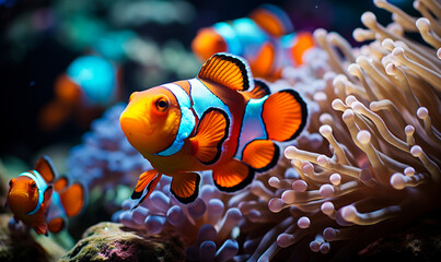 Fototapeta na wymiar Vibrant Clownfish Swimming Through Colorful Coral Reef, a Spectacle of Marine Life Showcasing Underwater Biodiversity and the Beauty of Ocean Ecosystems