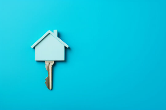 A house shaped keychain with a metallic key on a bright teal minimal background banner with empty copy space for text
