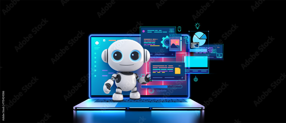 Poster a friendly robot with digital charts and icons on a laptop interface. interactive robot with digital