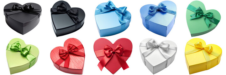 A collection of colorful heart-shaped gift boxes with ribbons, potentially used for Valentine's Day or romantic occasions isolated on transparent background