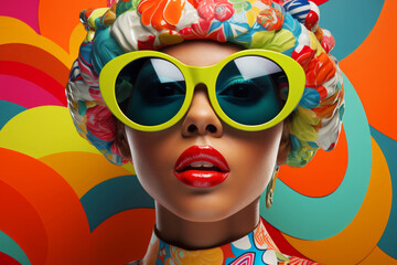 Modern pop art portrait of beautiful woman in green sunglasses on bright colorful background....