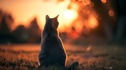 Back view portrait of a sitting cat against sunset background, background image, generative AI