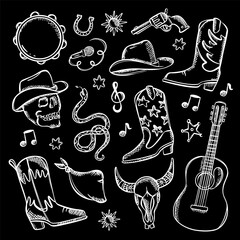 COUNTRY FEST Monochrome Western Music Symbols Vector Set Musical Set Of Bright Clip Art Cowboy Boots And Hat Colt Guitar Tambourine And Bull's Skull Vector