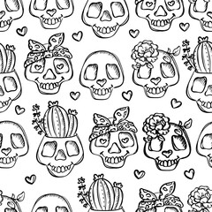 CARTOON SKULLS WITH FLOWERS Smiling On White Background With Bow Snake And Flower Scary Monochrome Sketch Popular Halloween Holiday Horror Vector Pattern Print