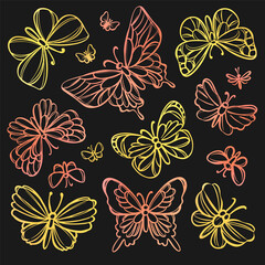 FABULOUS BUTTERFLIES Openwork Cute Insects On Black Background Cartoon Hand Drawn Sketch For Print Natural Lepidopterology Vector Illustration Collection