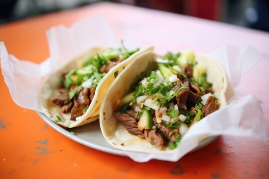street-style tacos with carne asada and diced onions, on wax paper