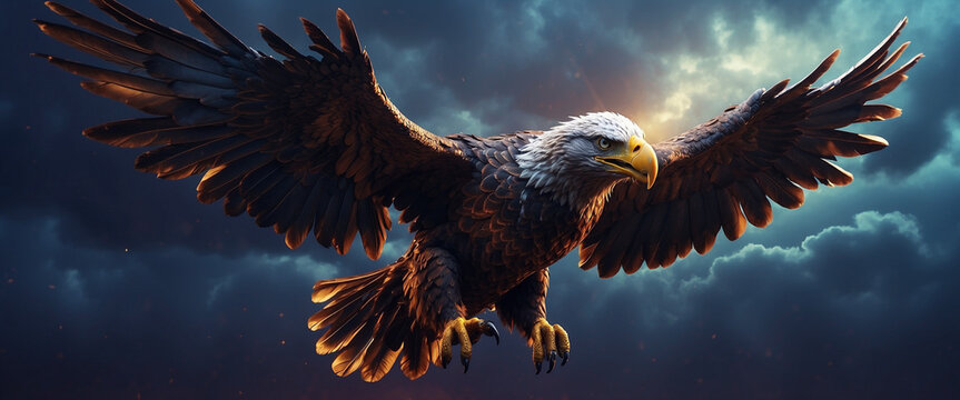 A majestic eagle flying in the stormy sky. A symbol of freedom, 3d render, Panoramic 