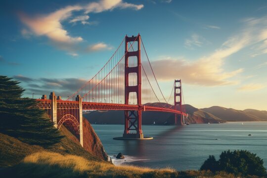  a painting of the golden gate bridge in san francisco, california, with a beautiful sunset in the back ground.