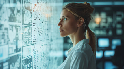 A trial lawyer business woman in office scrutinizes looking a large flowchart screen on the wall, technology strategy concept - obrazy, fototapety, plakaty