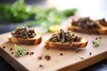 tapenade spread on crostinis on rustic wooden board