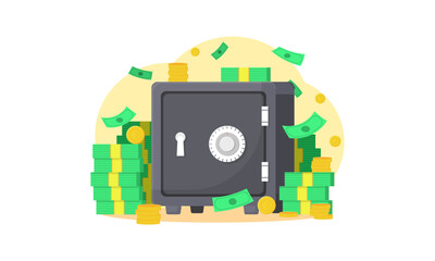 Safe box with money savings dollar coins banknotes. Cash protection concept. Flat. Vector illustration.