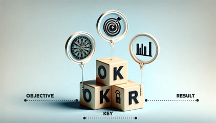 OKR Strategy-Targeting Objective Key and Result. A creative depiction of the OKR strategy connecting objective key action and result focusing on common goal for driving business growth and performance - obrazy, fototapety, plakaty