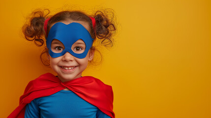 a smiling kid in a blue outfit with a red cape, giving the impression of a superhero costume,...