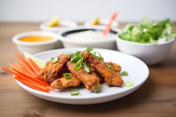 Fototapeta premium buffalo tempeh wings with carrot sticks and dip
