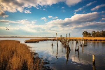  a bird flying over a body of water surrounded by tall brown grass and a wooden post sticking out of the water.