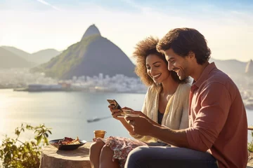 Poster Rio de Janeiro Multiethnic couple breakfasting and photographing Rio skyline