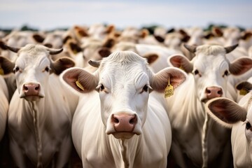 Narrowly focused Nelore cattle herd in Mato Grosso, Brazil. - obrazy, fototapety, plakaty