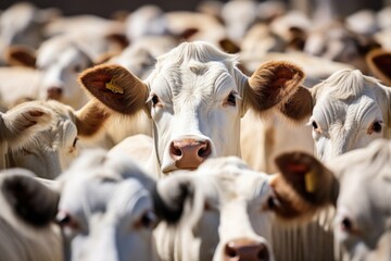 Narrowly focused Nelore cattle herd in Mato Grosso, Brazil. - obrazy, fototapety, plakaty