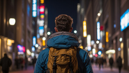 back view of a male backpacker with the background of a city street at night