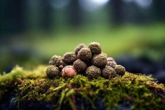 pile of fresh truffles on a bed of moss with a dark background