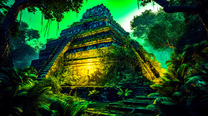 Painting of pyramid in the jungle
