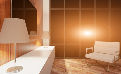 Modern office Cabinet.  3D rendering.   Meeting room. Sunset.