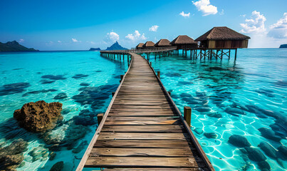 Obraz premium Serene tropical paradise with a wooden pier leading to overwater bungalows in a crystal-clear turquoise sea against a vibrant blue sky