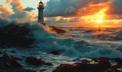 Poster Dramatic scene of a lighthouse standing resilient against tumultuous sea waves under a stormy sky at sunset, symbolizing guidance and safety © Bartek
