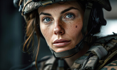 Intense portrait of a determined female soldier in tactical gear, exemplifying strength and bravery, with a focused gaze and dark backdrop