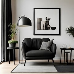 modern living room with black sofa and black background