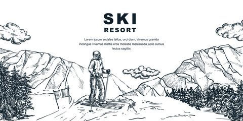 Ski resort banner. Skier on slope vector hand drawn sketch illustration. Winter background with mountains pine forest - obrazy, fototapety, plakaty